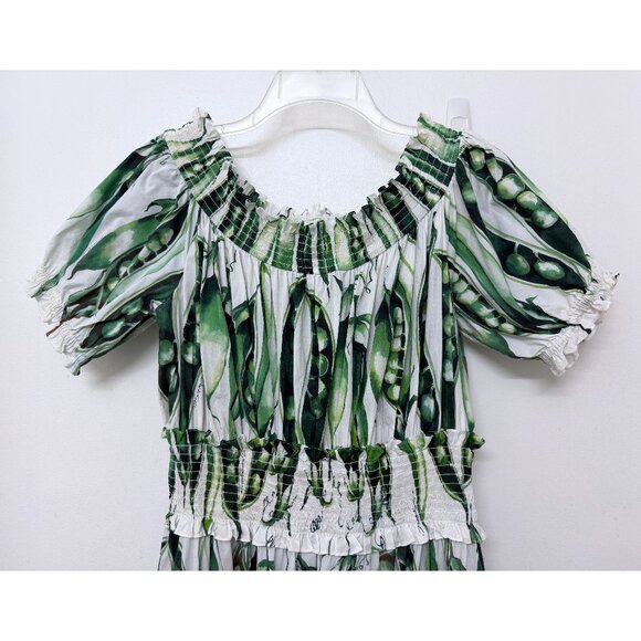 Dolce & Gabbana Green Beans Snap Pea Mini Dress White Cotton Smocked IT 48 - Picture 5 of 16